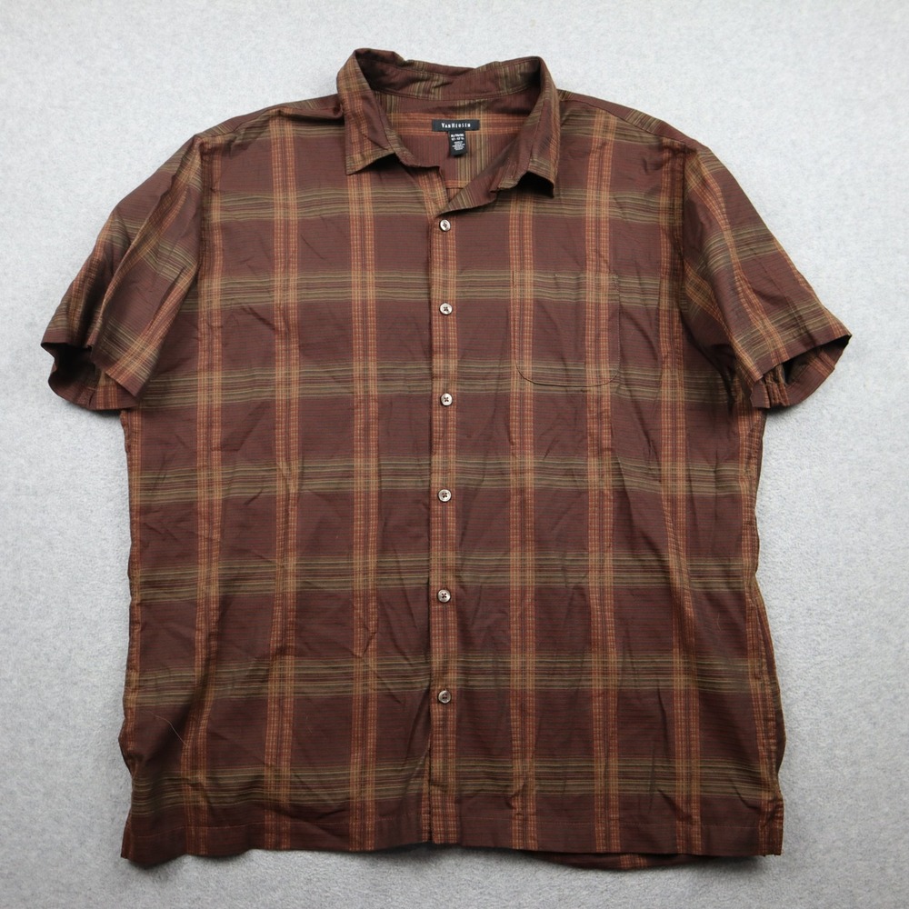 Van Heusen Button Up Shirt Mens XL Brown Plaid Short Sleeve Cotton Rayon Blend